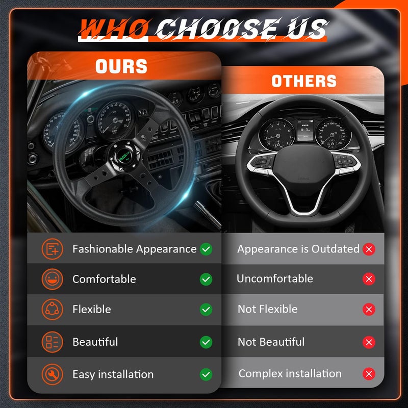 RASTP Universal Racing Steering Wheel,Drifting Deep Dish Steering Wheel 13.8â€/350mm 6 Bolts Grip Vinyl Leather & Aluminum with Horn Button for Car -Black - Image 3